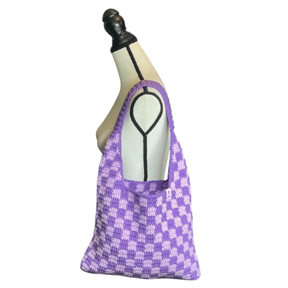 Handmade Amethyst & Soft‎ Purple Checker Checkerboard Crochet Shoulder Tote Bag